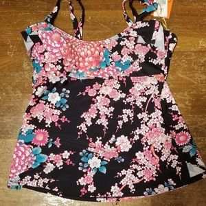 Leilani Tahiti Bandini Tankini Floral Top Size 14 Black NWT